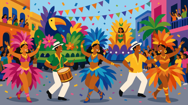 A lively street parade features dancers in bright costumes and decorated floats in this clean flat vector illustration on a light background, ideal for festival and celebration concepts