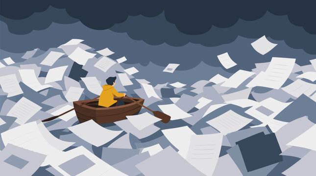 A tiny figure rows a small boat across a vast stormy ocean made of overflowing paperwork in this clean flat vector illustration on a light background, ideal for workload and stress concepts