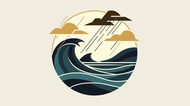Abstract wave and cloud illustration in circular frame.