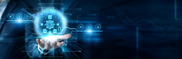 Fototapeta premium IT Engineer Hand Hold Network administration, and server rack connection terminal, ethernet lan database controller, corporate system infrastructure router