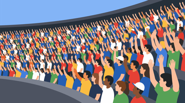 Energetic crowd doing a stadium wave around packed terraces, a clean flat vector illustration ideal for sports events, fan culture, and community entertainment promotions