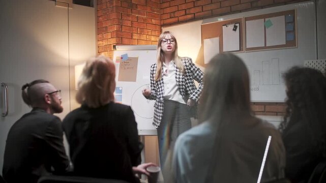 Professional woman presenting a project to colleagues during a business meeting in a modern office. Female manager, leader or speaker standing near a flip chart and whiteboard with diagrams