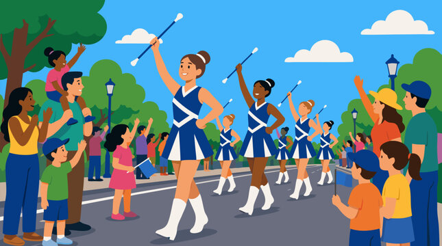 Parade marchers twirling batons past cheering families lining a sunny avenue in a festive celebration, a clean flat vector illustration on a light background perfect for culture, holidays, and communi