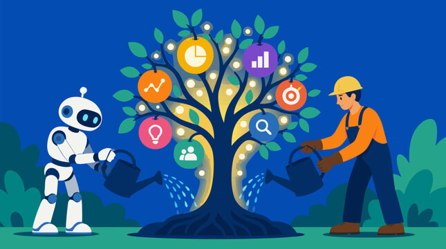 A robot and a worker together water a glowing data tree that grows ripe insight fruit, a clean flat vector illustration on a light background perfect for AI, technology collaboration, and data analyti