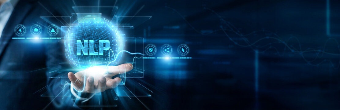Data Scientist Hand Hold NLP, and natural language processing interface, artificial intelligence text analysis, machine learning speech recognition software