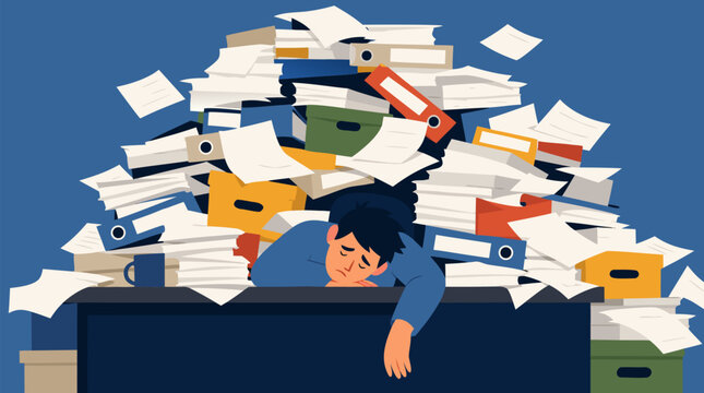 An exhausted man slumped facedown at his cluttered desk buried under a collapsing mountain of stacked paperwork and files, a clean flat vector illustration ideal for work stress and office overload th
