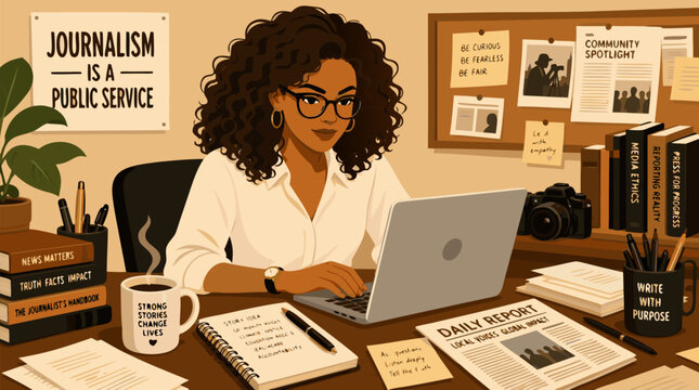 Female journalist typing on a laptop with a notepad and coffee at a busy desk in focused warm tones, a polished flat vector illustration for media and professional workplace content
