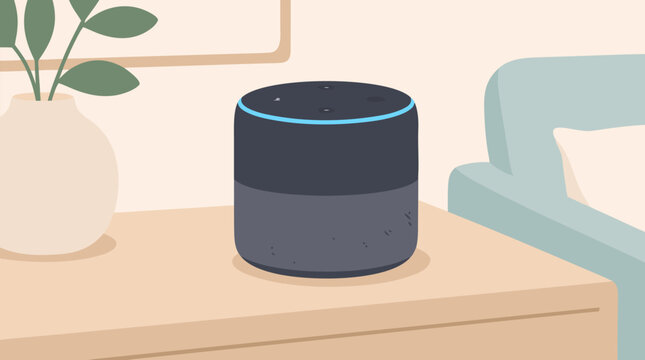 Smart speaker with a glowing light ring on a pastel surface as a single product object, ideal for consumer electronics and smart home technology marketing, clean flat vector illustration on a light ba