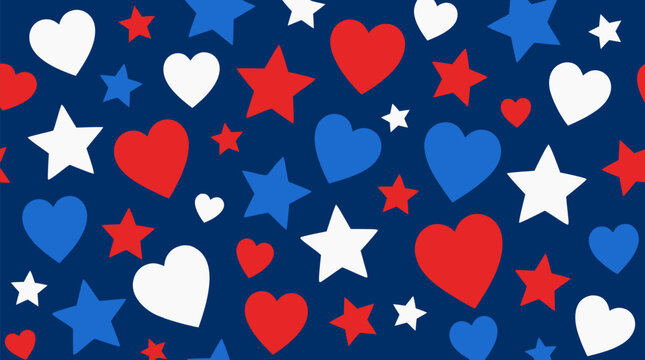 A cheerful repeating heart and star motif arranged in a festive red, white, and blue palette, a fun flat vector illustration well suited for patriotic pattern and holiday decoration uses