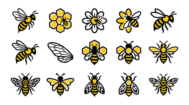 Assorted honey bee and flower logo set.