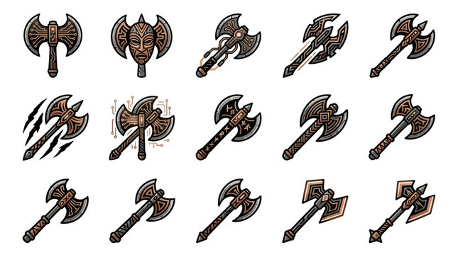 Assorted battle axe designs for RPG character equipment.