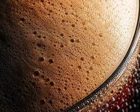 Extreme Macro Close-Up of Nitro Cold Brew Coffee Foam Texture with Micro Bubbles and Water Condensation Droplets, Abstract Dark Amber Beverage Background