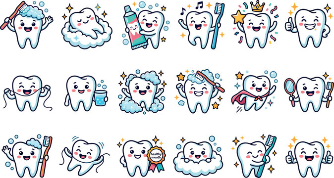 Cute cartoon tooth character vector set with toothbrush toothpaste and floss for kids pediatric dental hygiene education poster design