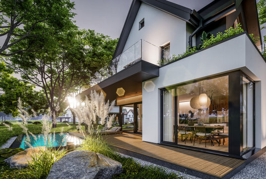 3d rendering of contemporary architectural luxury house exterior. Modern Scandinavian style family home with a white plaster walls, dark roof, and beautiful garden at golden hour