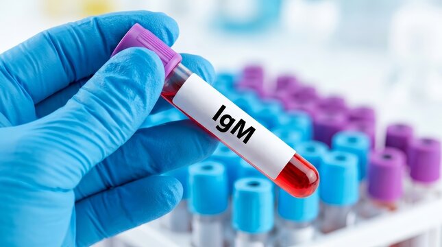 Clinical laboratory diagnostics showing IgM blood test tube for primary immune response assessment.