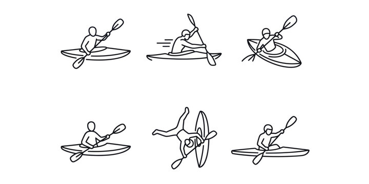 Set of line art illustrations depicting various kayaking activities. People paddling in kayaks, showing different speeds and a capsized boat, perfect for sports and outdoor recreation themes.