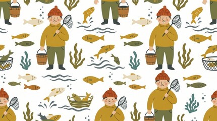 Naklejka premium Smiling fishermen holding nets and buckets alongside swimming fish and aquatic plants