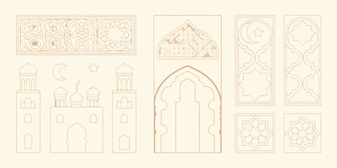 Islamic Mosque Silhouettes And Geometric Ornament Line Vector Illustration © Ripa