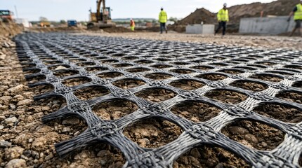 Obraz premium Ground reinforcement grid on construction site with workers and machinery