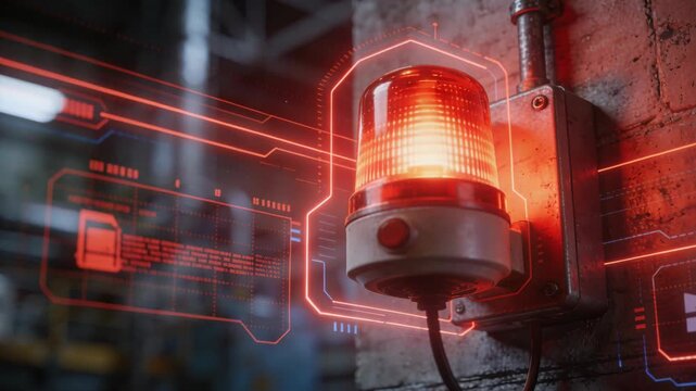 Vibrant Red Warning Light Illuminates an Industrial Environment with Modern Digital Overlay, Signifying Alert, Security, or Imminent Action in a Dynamic Factory Scene