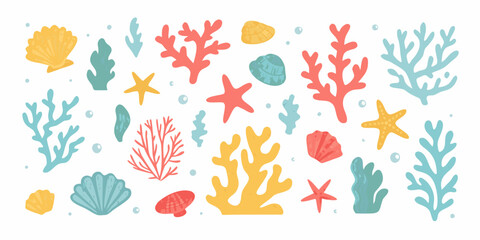 Marine life illustration featuring coral seashells and starfish on white background © Ripa