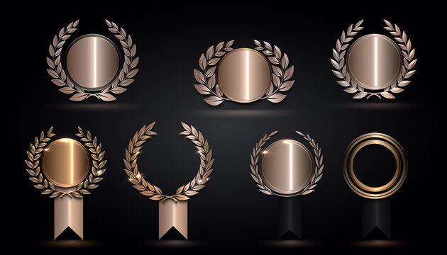 Luxury bronze award trophy badges collection on black 黒背景の高級感あるブロンズトロフィーイラスト素材
