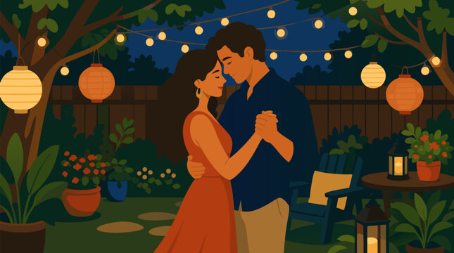 A romantic couple slow dancing gracefully in a dreamy backyard lit by warm glowing string lights and lanterns at night, a heartwarming flat vector illustration ideal for romance, weddings and special 