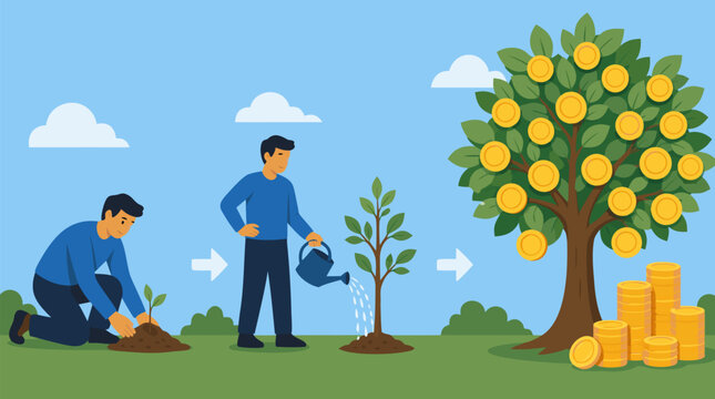 Entrepreneur planting a tiny tree sapling that grows into a flourishing money tree heavy with golden coins, perfect for finance and investment growth concepts as a clean flat vector illustration