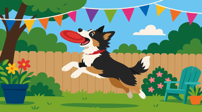 Joyful dog leaping energetically to catch a flying frisbee in a cheerful backyard strung with colorful bright bunting, ideal for pet and outdoor fun themes as a clean flat vector illustration