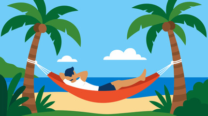 Naklejka premium A carefree person relaxes in a hammock strung between two tall palm trees in this breezy clean flat vector illustration, perfect for travel agencies and tropical vacation lifestyle campaigns.