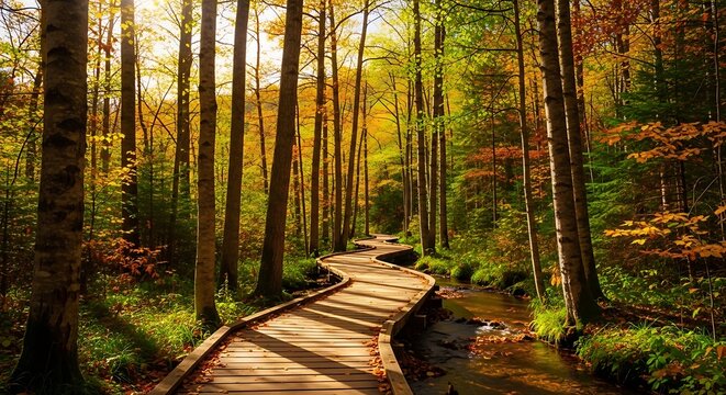 Winding wooden path through autumn forest
