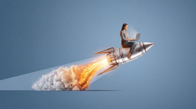 A professional businesswoman sitting on a rocket ship flying through space, working on her laptop to represent rapid growth, startup success, and innovation.