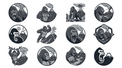 Gorilla and volcano wilderness badges in monochrome style. © Azam