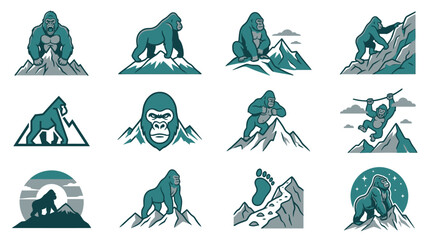 Gorilla climbing mountains and peak scenery icon collection. © Azam