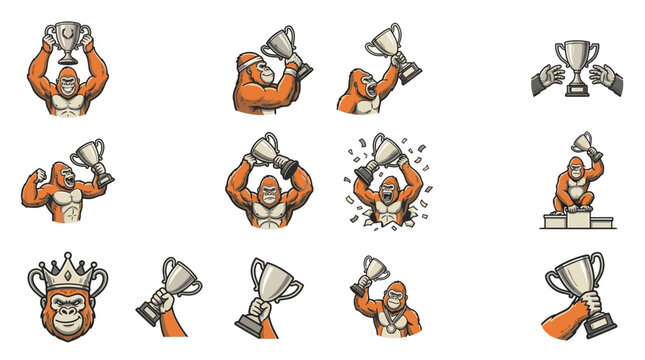 Gorilla characters celebrating with gold trophies.