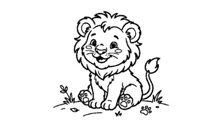 Obraz premium Cute baby lion sitting and smiling, black outline illustration.