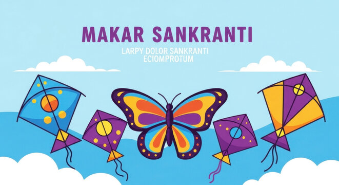 Makar sankranti greeting card design with beautiful colorful butterfly and kites flying over blue sky background for indian seasonal festival.