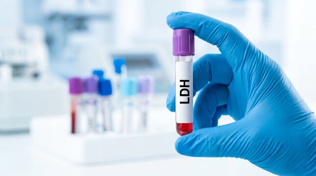 Biochemical blood analysis for LDH testing to diagnose tissue damage and metabolic disorders.