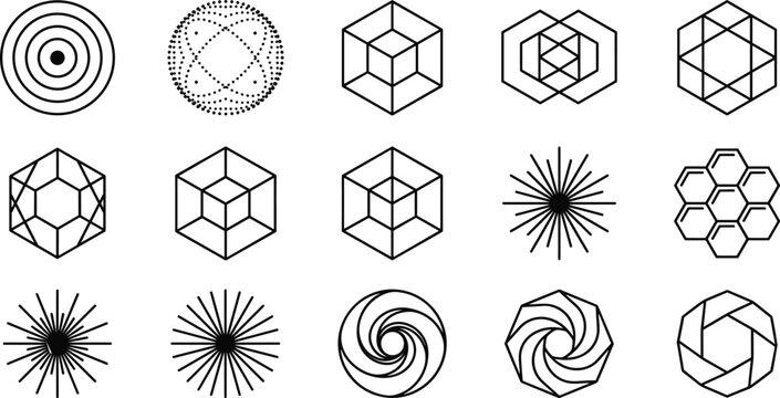Collection of geometric and spiral patterns with polyhedrons and fractals