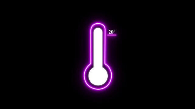 Glowing blue neon thermometer showing twenty degrees celsius temperature measurement on a plain black background for weather data visualization