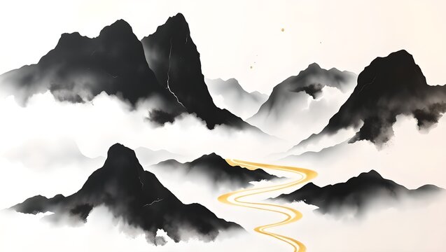Abstract Japanese Ink Wash Landscape with Gold Accents, Sumi - e Style Mountain Background