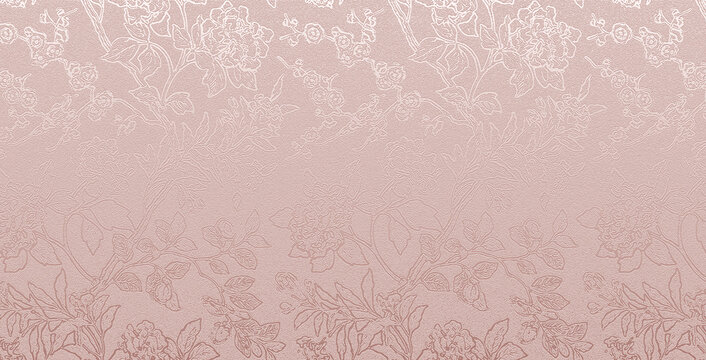 A metallic rose gold background featuring an elegant, embossed botanical and floral texture.