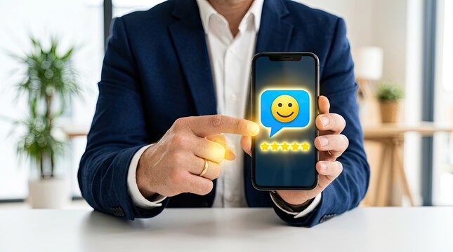 Man in business attire holding smartphone with glowing review rating and smiley face emoji on screen