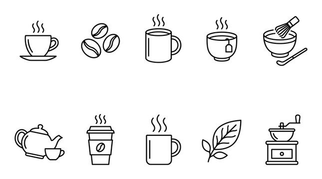 Trendy coffee and tea thin line icon collection vector illustration for caf&eacute; and beverage branding isolated on white background