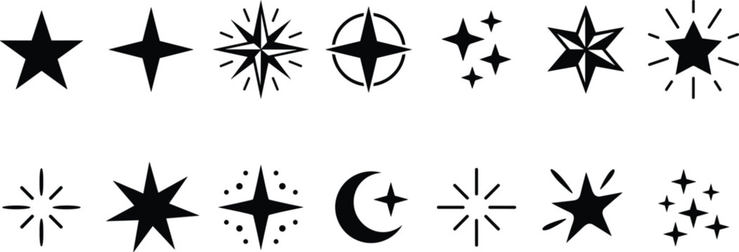 Collection of various star and spiked decorative symbols and shapes for design purposes