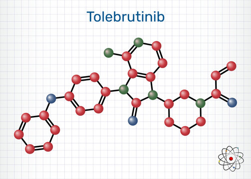 Tolebrutinib drug molecule. BTK inhibitor, Bruton's tyrosine kinase inhibitor, multiple sclerosis treatment. Sheet of paper in a cage. Molecular model