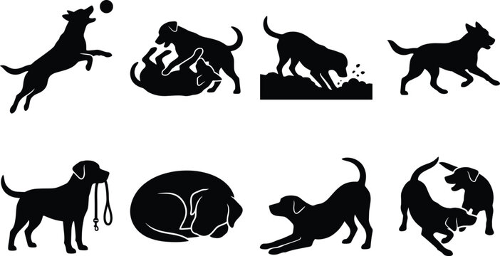 Dog behavior and activities silhouettes set featuring playful puppies jumping running digging and sleeping