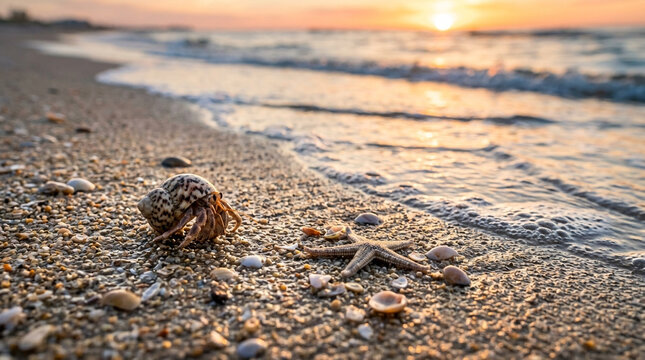 Hermit Crab on Beach at Sunset