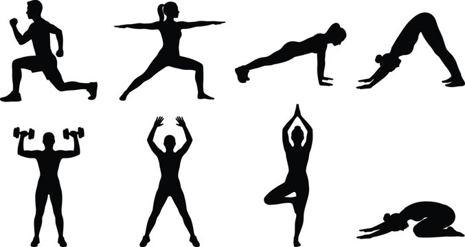 Fitness workout and yoga poses black silhouettes collection isolated on white background