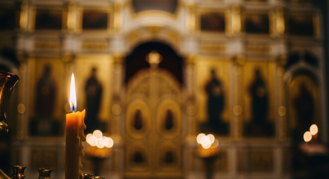 Single burning candle glowing in front of golden ornate sanctuary altar inside old christian cathedral showing spiritual light during prayer.